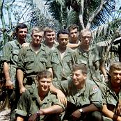 Members of the 3rd Platoon A/3/39th standing in front of the 3rd 
                               Platoon hut, Rach Kien May 1967. Kneeling left to right; Dave
                               Rickels, Nicholas Onofre, Jack Palmer. 2nd row, Jerald Bernhardt,
                               Richard Perez, Platoon Medic ?, 3rd row: John LeBorgne, Cecil
                               Clubb, and Michael Moriarty.
